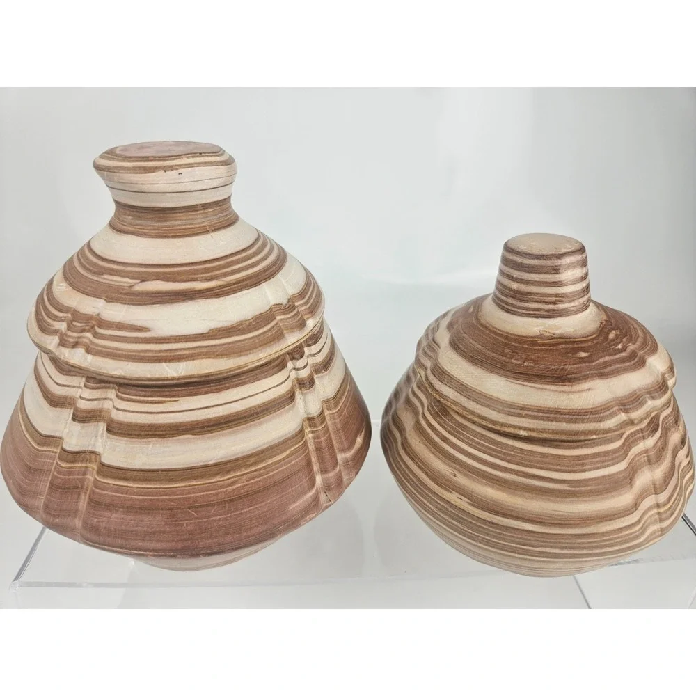 Banded Stone Lidded Jars Pair‎ Natural Stone Decor Set
